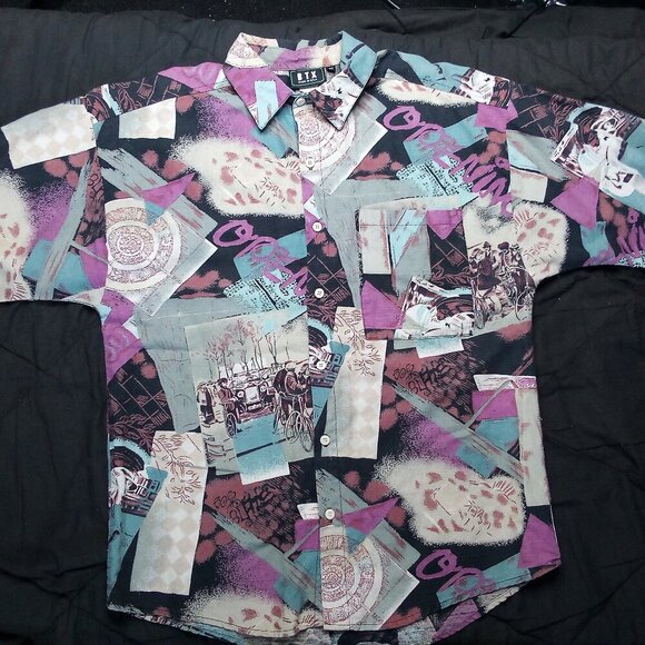 Vintage BTX Abstract Geometric Pattern Button Shirt Short Sleeve - Picture 2 of 6